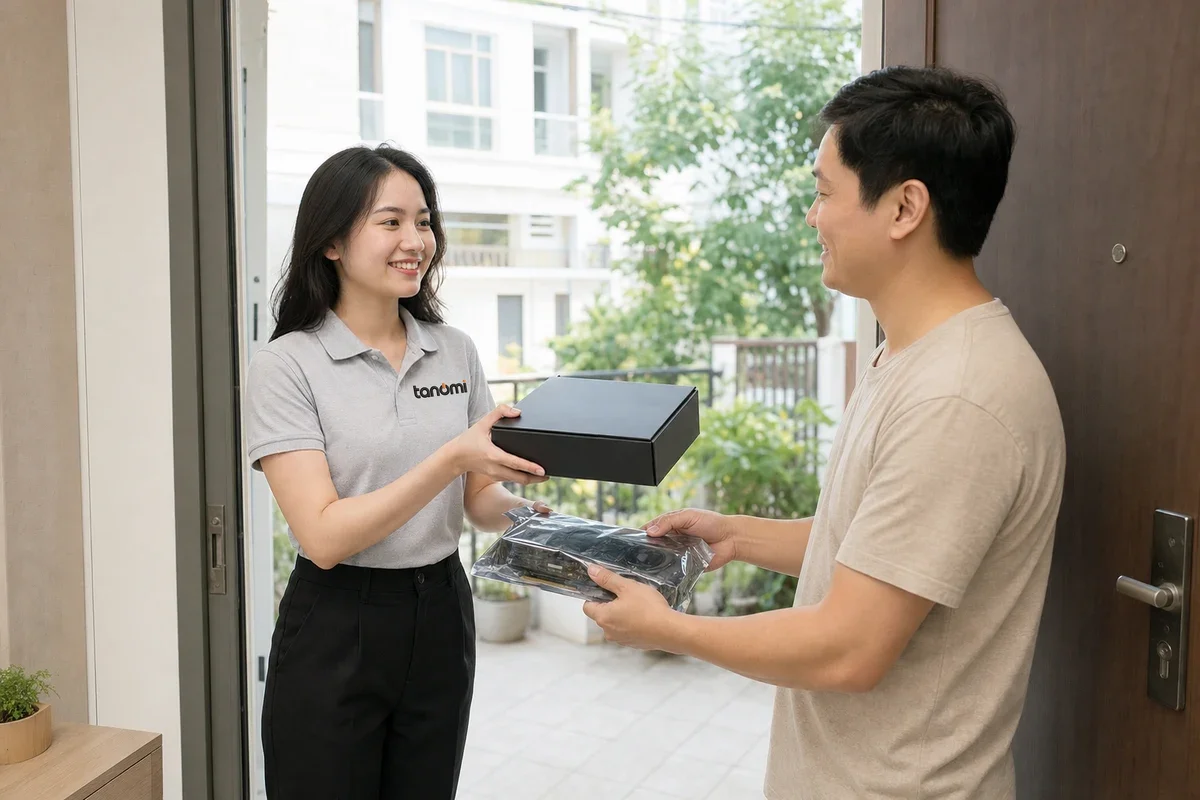 Nhân viên Tanomi giao card mới tận nhà và nhận lại card cũ của khách